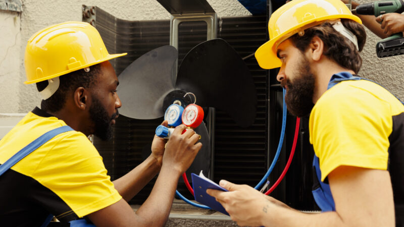 Meticulous wiremen expertly refilling freon in external air conditioner while using manifold measurement device to closely measure the pressure in HVAC system, ensuring perfect cooling performance