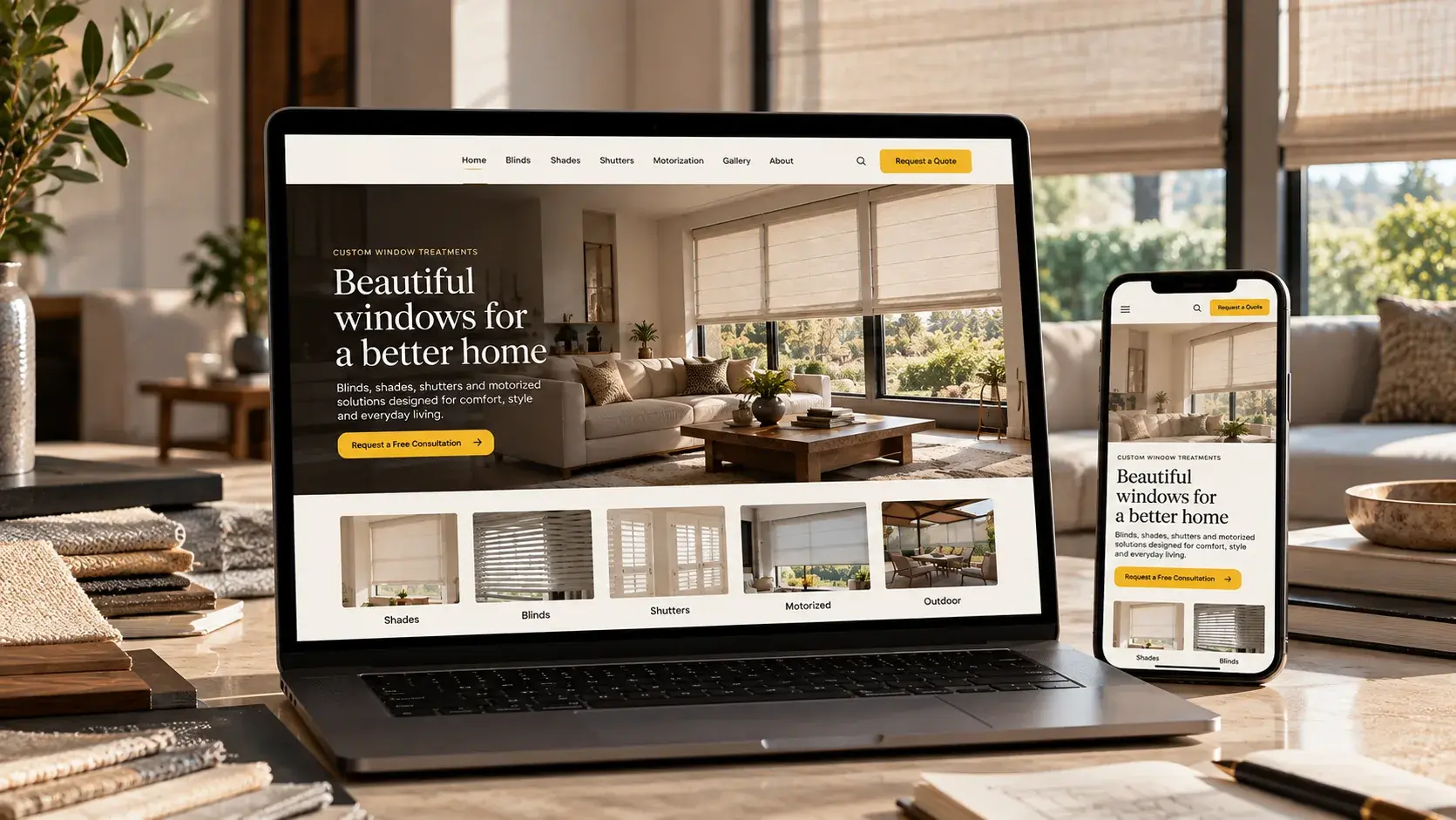 New Arcadia Blinds website by Yay Blitz shown on desktop and mobile